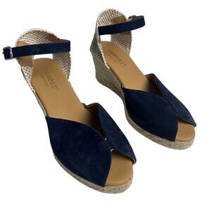 Paseart Women's Espadrille Wedge Sandals Blue Suede Size 38 Summer Casual